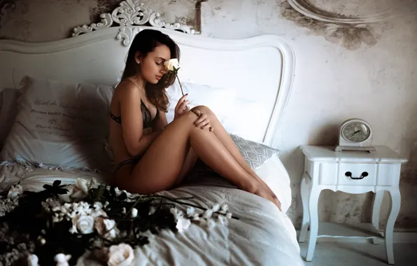 Flowers, pose, model, panties, watch, rose, pillow, makeup