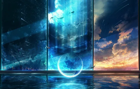 Girl, sunset, window, fantasy, underwater world, Crescent, Starfall