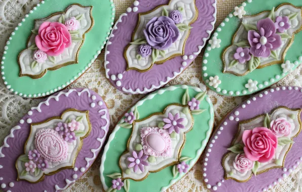 Picture flowers, cookies, beautiful, vintage, glaze, oval