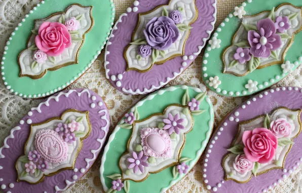 Flowers, cookies, beautiful, vintage, glaze, oval