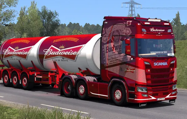Road, truck, Scania, ETS2, Budweiser, Euro Truck Simulator 2