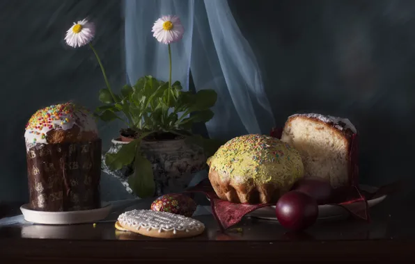Flowers, holiday, eggs, Easter, still life, cake, painted, composition