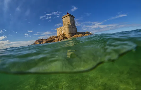 Sea, wave, blue, castle, rocks, shore, view, view