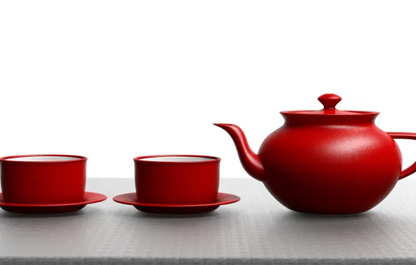 The tea party, mugs, teapot, saucers