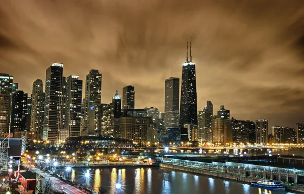 Night, city, lights, skyscrapers, USA, America, Chicago, Chicago