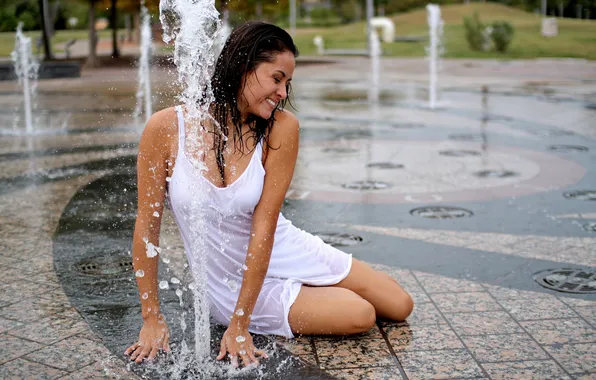 Girl, fountain, in white