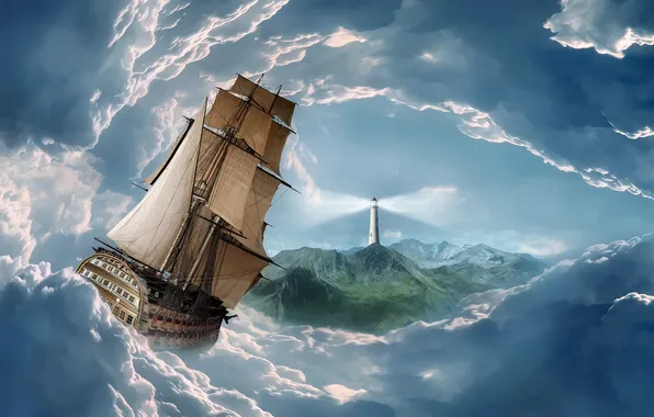 The sky, clouds, lighthouse, ship