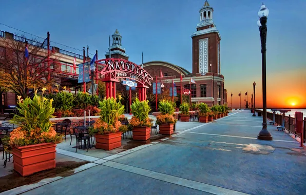 Picture flowers, house, dawn, lantern, Bay, Chicago, promenade, USA