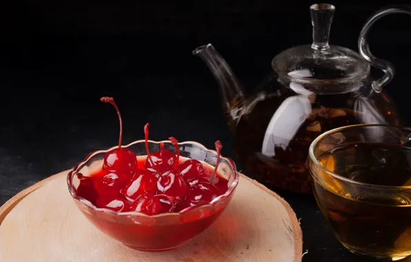 Glass, cherry, tea, kettle, the tea party, bowl, cherry, jam