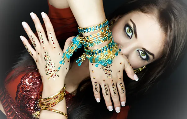 Decoration, stones, hair, hands, makeup, bracelets, green eyes, Indian