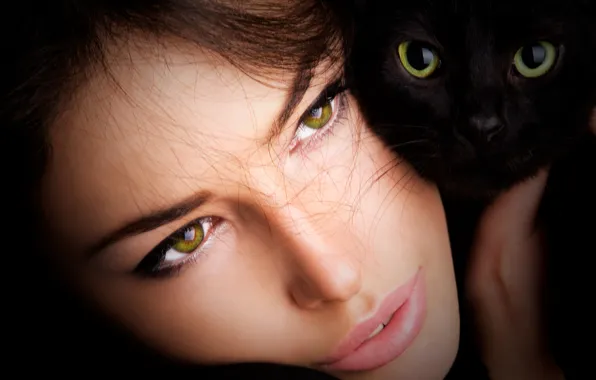 Picture cat, look, girl, brown hair, green-eyed