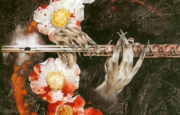 Picture hands, claws, flute, blood, in the dark, Camellia