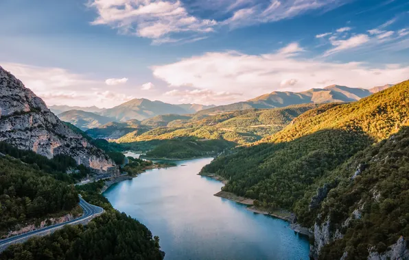 Road, forest, clouds, light, mountains, lake, river, blue