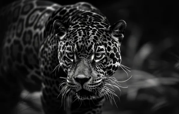 Picture Look, Jaguar, Face, Predator, Digital art, Black and white, Big cat, AI art