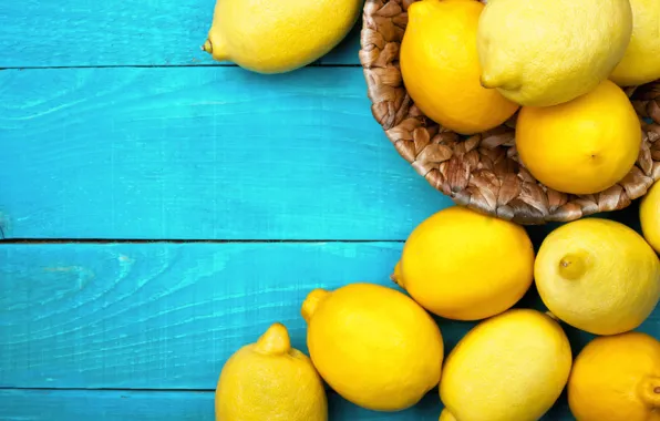 Yellow, lemon, blue background, citrus, Lemons