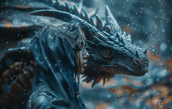 Face, girl, pose, rain, dragon, fantasy, cloak, Princess