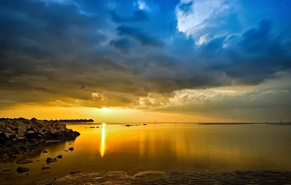 Sea, the sky, clouds, sunset, stones, shore, horizon, Bungalow