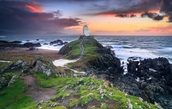 Sea, the sky, clouds, sunset, clouds, stones, rocks, shore