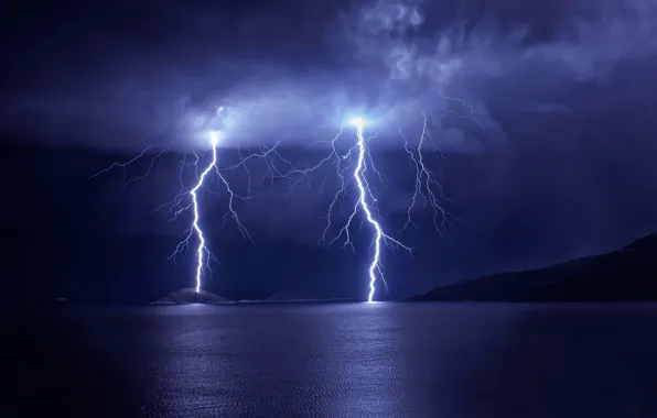 Picture the storm, the sky, mountains, clouds, lake, lightning
