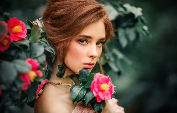 Picture look, leaves, flowers, branches, model, portrait, makeup, garden