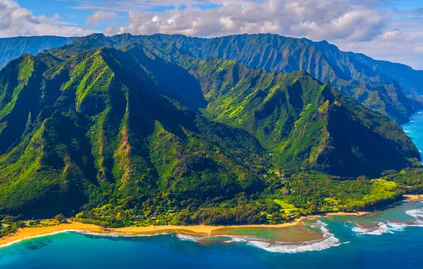 The ocean, Mountains, Panorama, USA, Coast, Parks, Napali