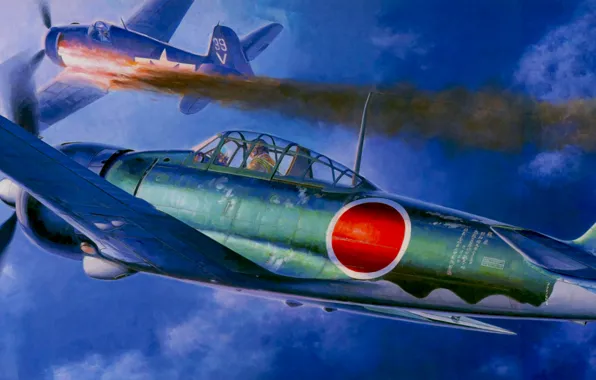 Picture war, art, airplanes, painting, aviation, ww2, dogfight, The Grumman F6F Hellcat