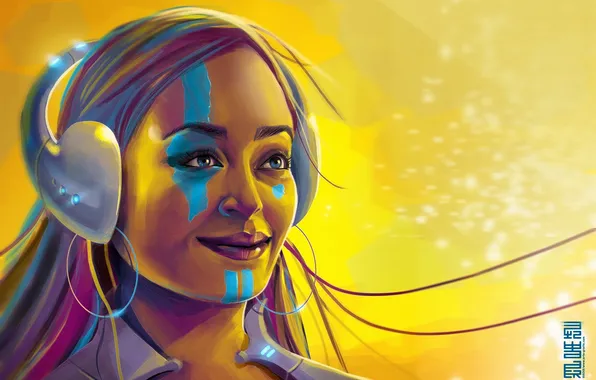 Picture girl, smile, paint, headphones, art