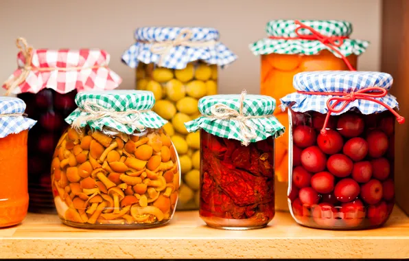 Table, mushrooms, jars, jam, pickles, pepper, mushrooms