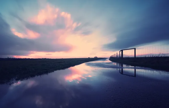 The sky, Water, Road, Grass, The fence