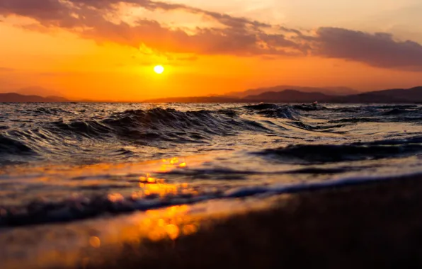 Wave, beach, sunset, hills, waves, beach, sunset, hills