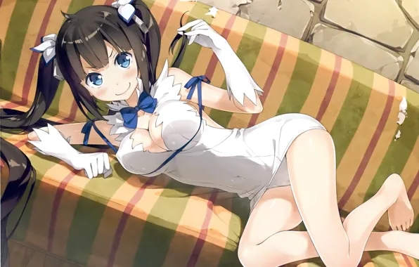 Bows, on the couch, goddess, two tails, lying on his side, gloves elbow, barefoot girl, …
