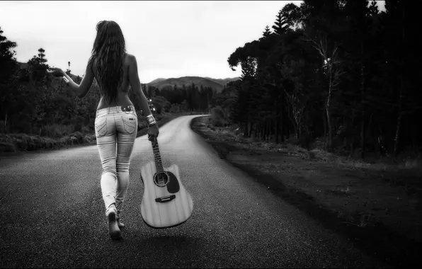 Road, forest, ass, girl, guitar, jeans