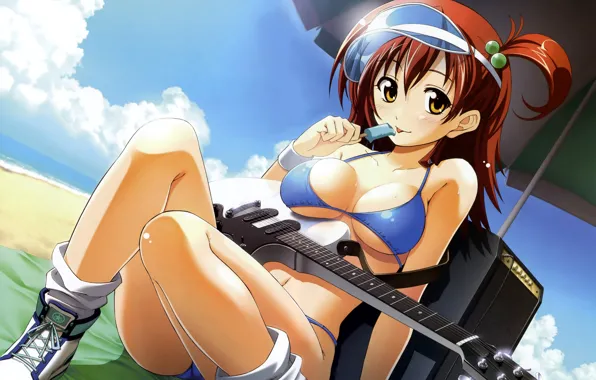 Beach, swimsuit, girl, ice cream, electric guitar