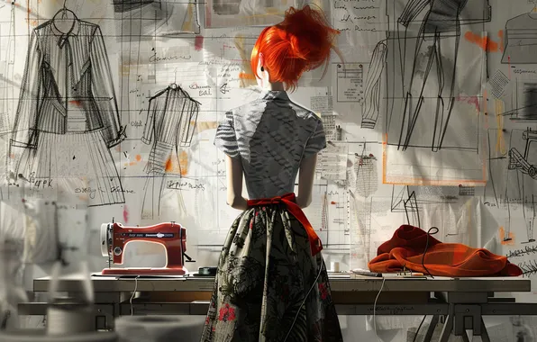 Picture Girl, Table, Red, Sewing machine, Digital art, Back, Designer, Seamstress