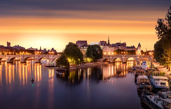 The city, lights, France, Paris, the evening, capital, the Seine river