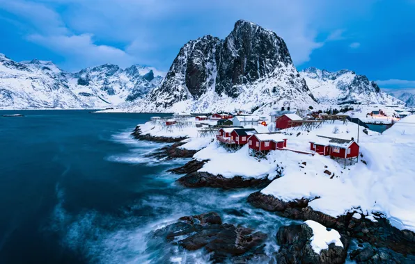 Winter, snow, mountains, home, village, Norway, Norway, the fjord