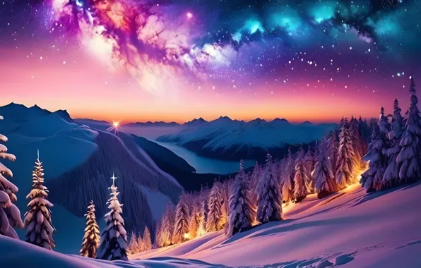 Winter, forest, the sky, stars, light, snow, mountains, night