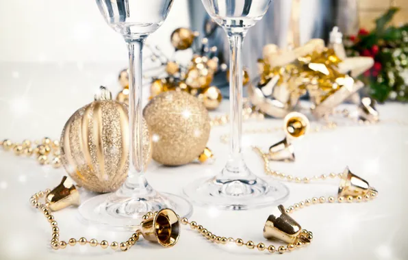 Balls, glasses, tinsel, champagne, bells, Christmas decorations