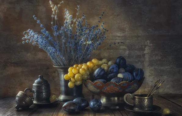 Bouquet, grapes, still life, plum