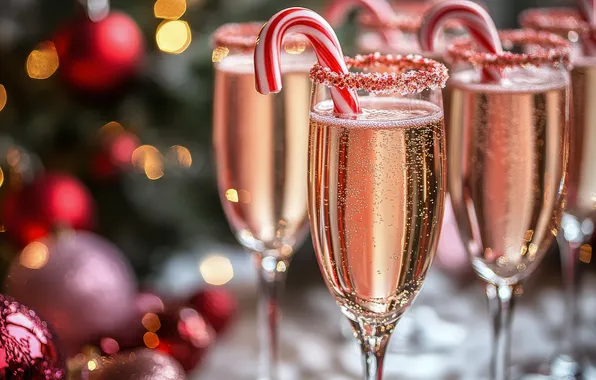 Lights, wine, glasses, Christmas, New year, champagne, bokeh, canes