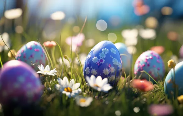 Flowers, nature, holiday, glade, eggs, spring, Easter, painted