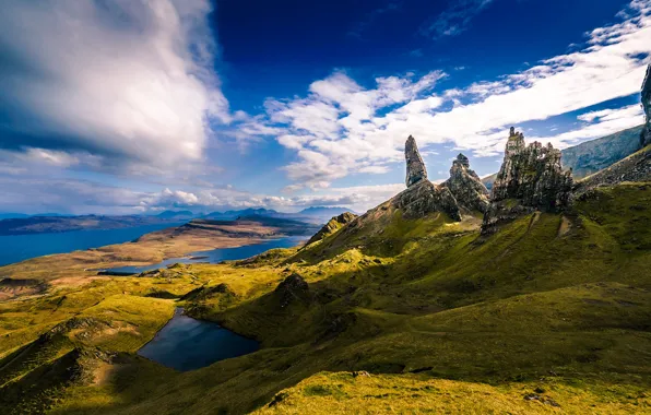 The sky, mountains, lake, rocks, Scotland, Scotland, Isle of Skye