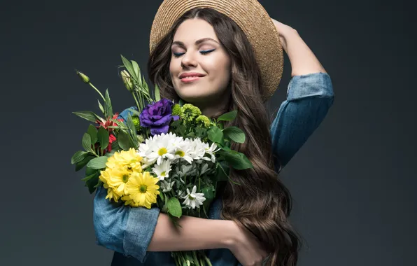 Joy, flowers, pose, smile, background, mood, portrait, bouquet
