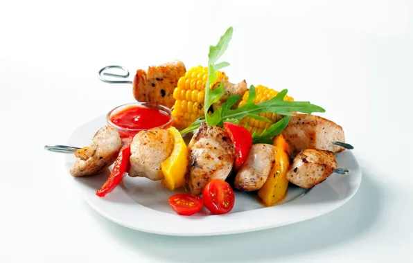 Plate, vegetables, kebab