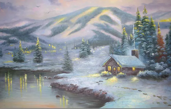Winter, snow, landscape, lights, lake, winter, mountain, spruce