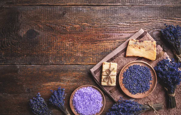 Flowers, Board, towel, soap, bow, lavender, Spa, composition