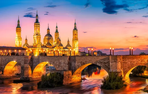 The sky, sunset, bridge, lights, river, home, the evening, lights