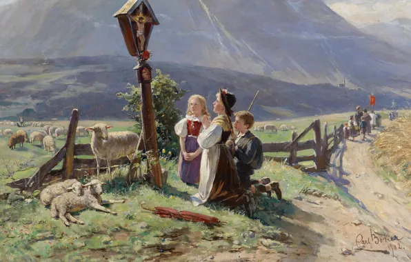 1902, German painter, German painter, oil on canvas, Carl Becker, Prayer at the wayside Shrine, …