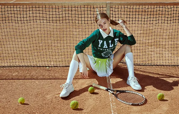 Mesh, skirt, balls, racket, form, knee, court, lawn tennis