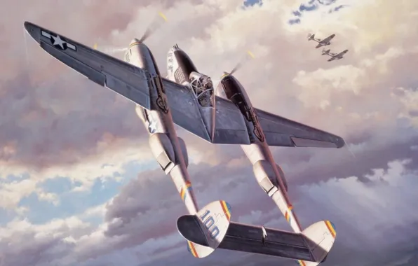 Picture fighter, war, art, airplane, painting, aviation, ww2, p 38 lightning